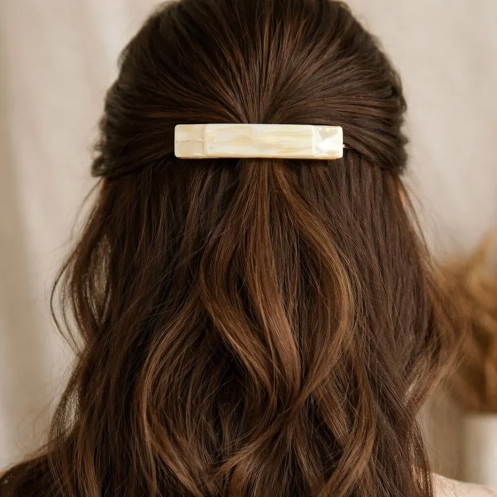 France Luxe Rectangular Barrette Alba Cream Gold Tone 3.5”